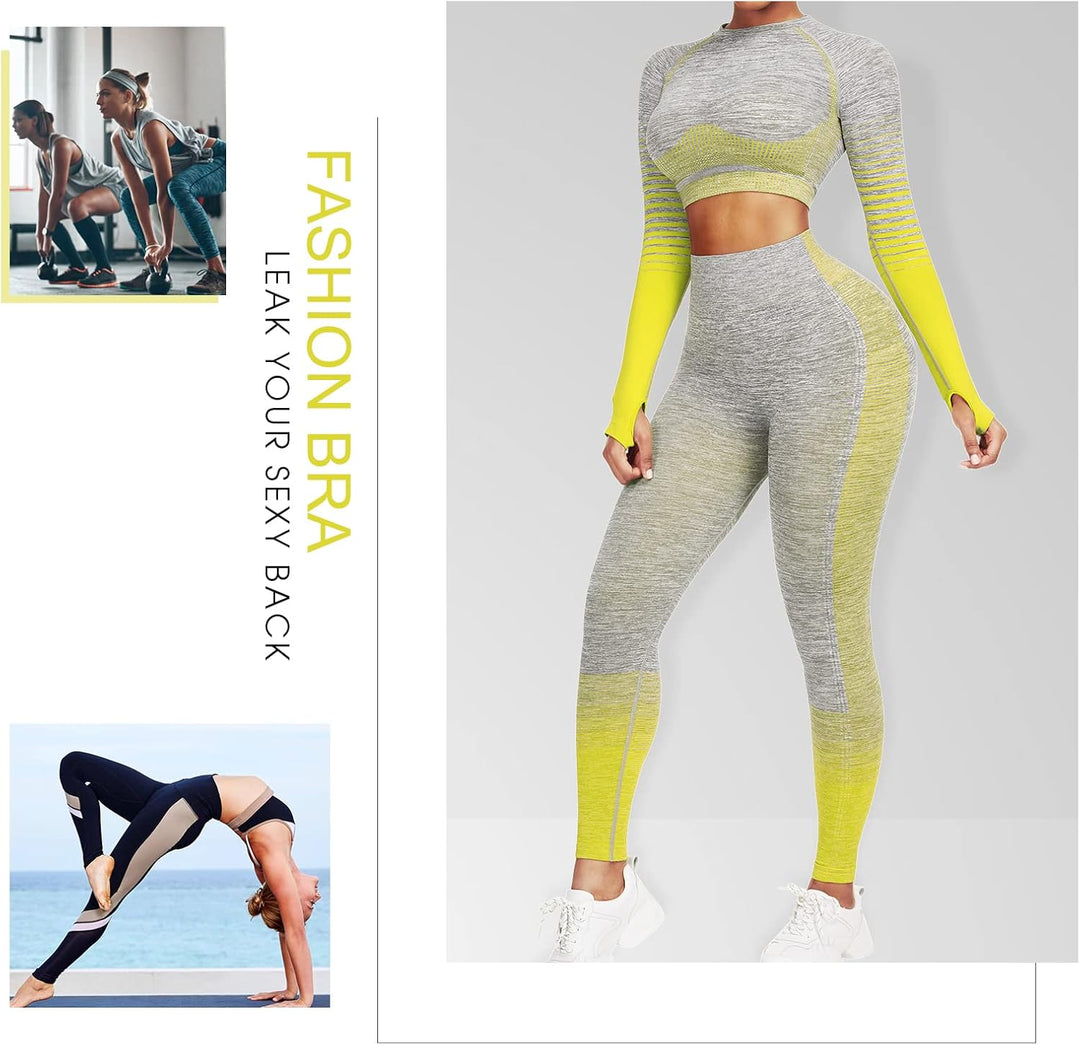Women's Seamless Ombre 2-Piece Workout Set Long Sleeve Crop Top & Leggings