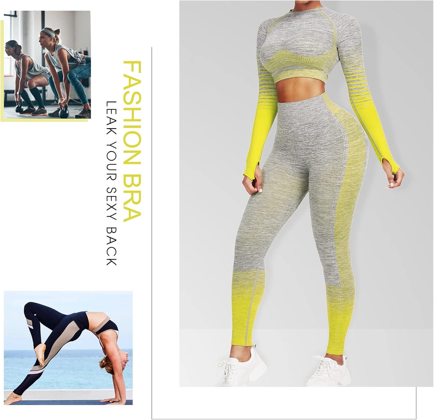 Women's Seamless Ombre 2-Piece Workout Set Long Sleeve Crop Top & Leggings