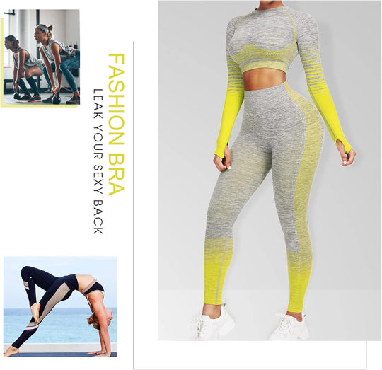 Women's Seamless Ombre 2-Piece Workout Set Long Sleeve Crop Top & Leggings