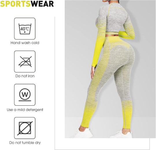Women's Seamless Ombre 2-Piece Workout Set Long Sleeve Crop Top & Leggings