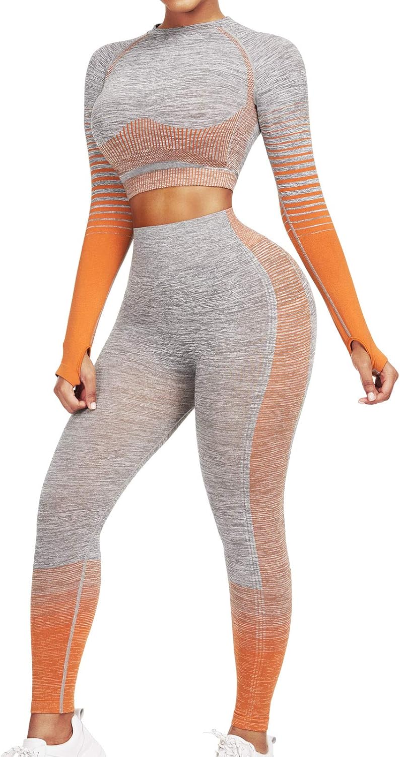 Women's Seamless Ombre 2-Piece Workout Set Long Sleeve Crop Top & Leggings