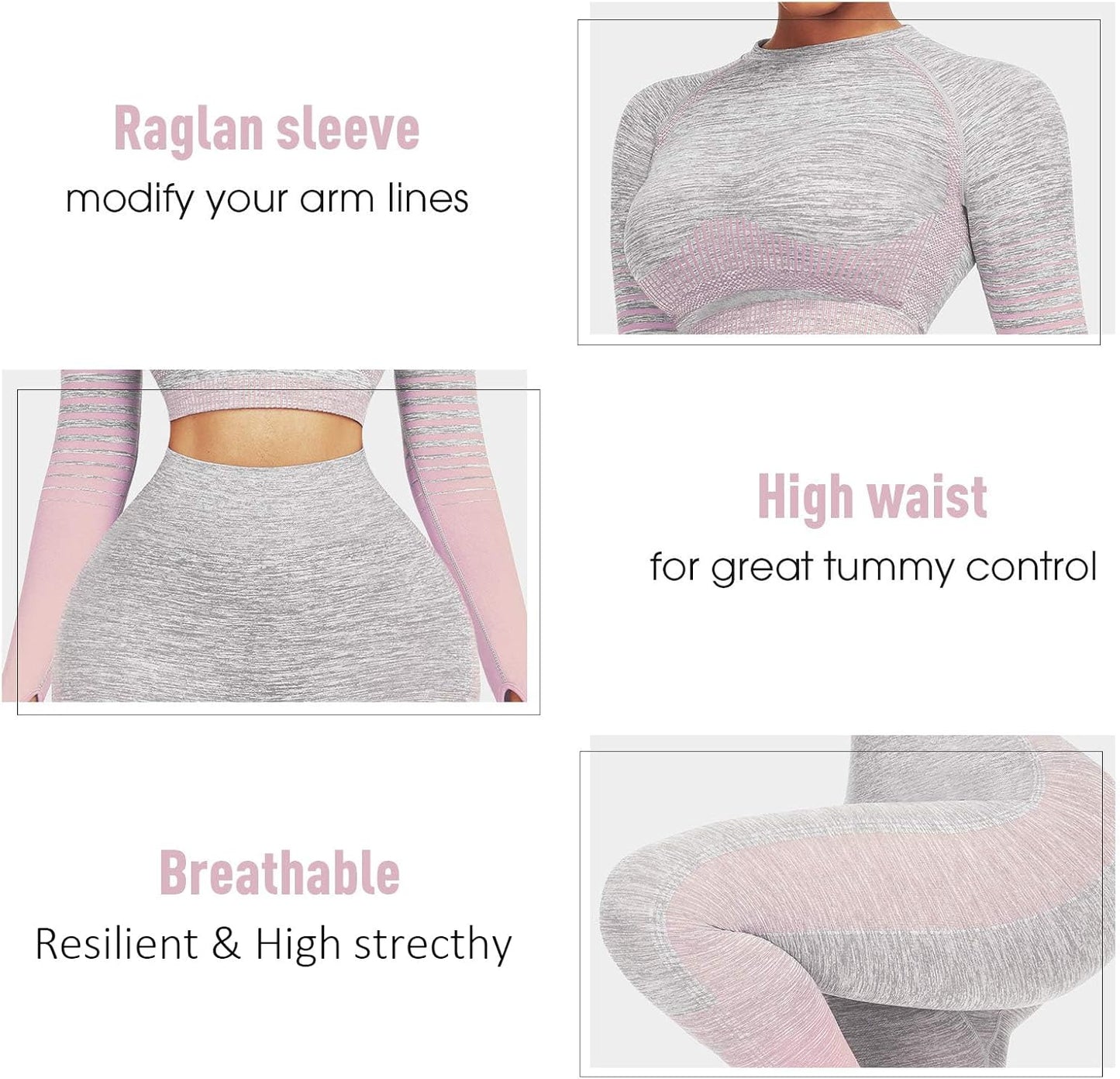 Women's Seamless Ombre 2-Piece Workout Set Long Sleeve Crop Top & Leggings
