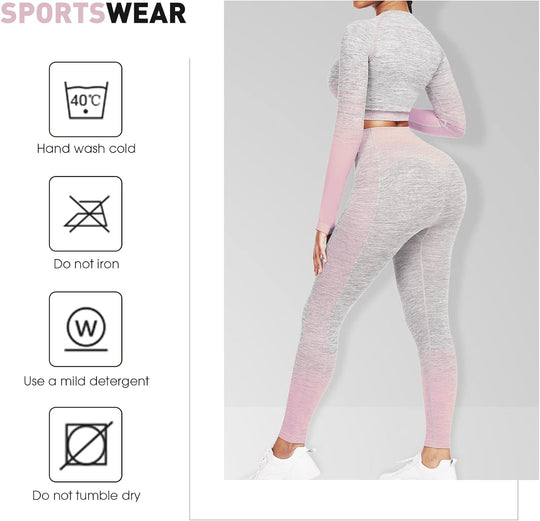 Women's Seamless Ombre 2-Piece Workout Set Long Sleeve Crop Top & Leggings