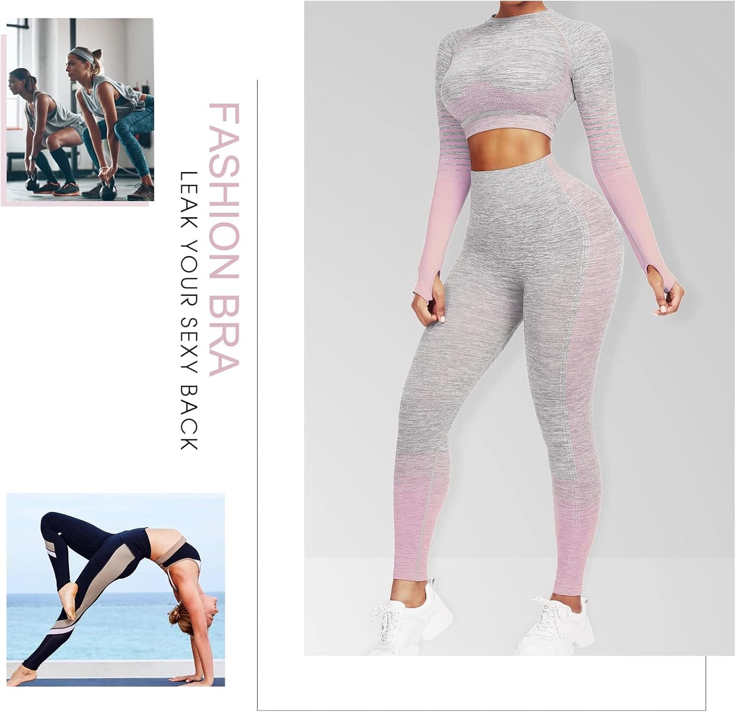 Women's Seamless Ombre 2-Piece Workout Set Long Sleeve Crop Top & Leggings