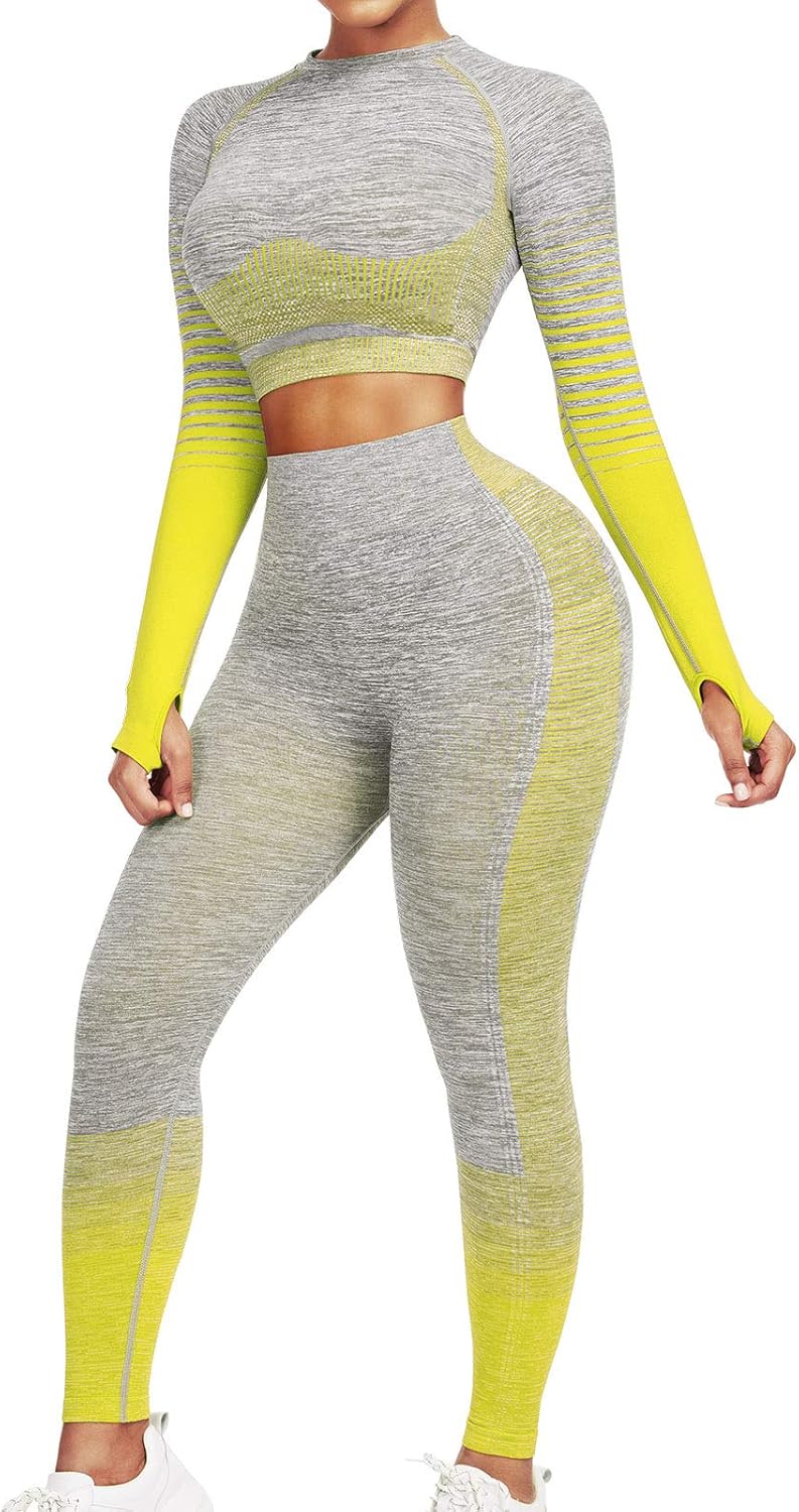 Women's Seamless Ombre 2-Piece Workout Set Long Sleeve Crop Top & Leggings