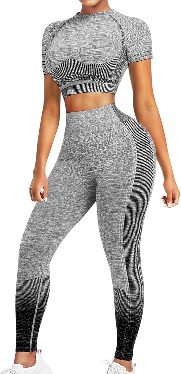 Women's Seamless Ombre 2-Piece Workout Set Long Sleeve Crop Top & Leggings