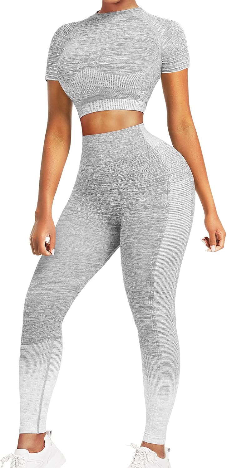 Women's Seamless Ombre 2-Piece Workout Set Long Sleeve Crop Top & Leggings