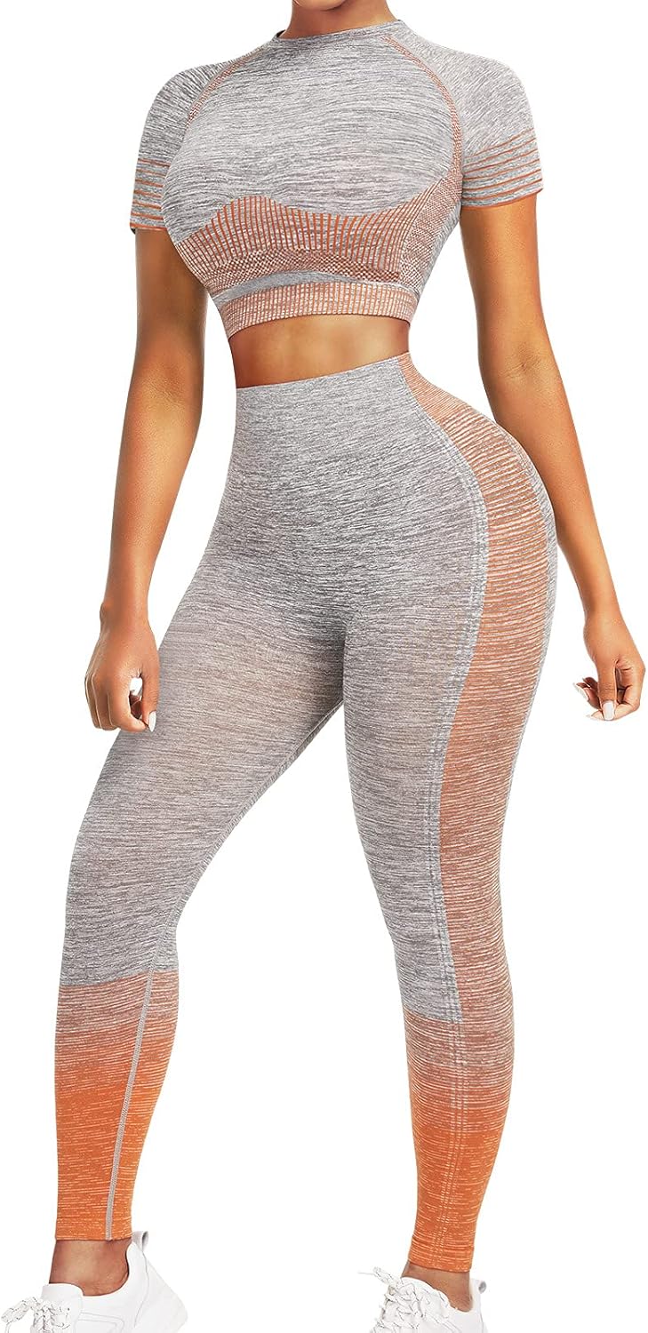 Women's Seamless Ombre 2-Piece Workout Set Long Sleeve Crop Top & Leggings